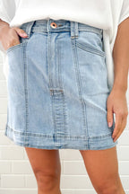 Beau Blue Exposed Seam Detail A-line Denim Mini Skirt with Pockets