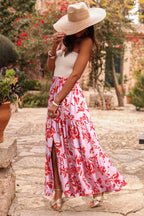 Bohemian Floral Print Tiered Maxi Skirt with Split
