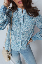 Sky Blue All Over Floral Puff Sleeve Shirt
