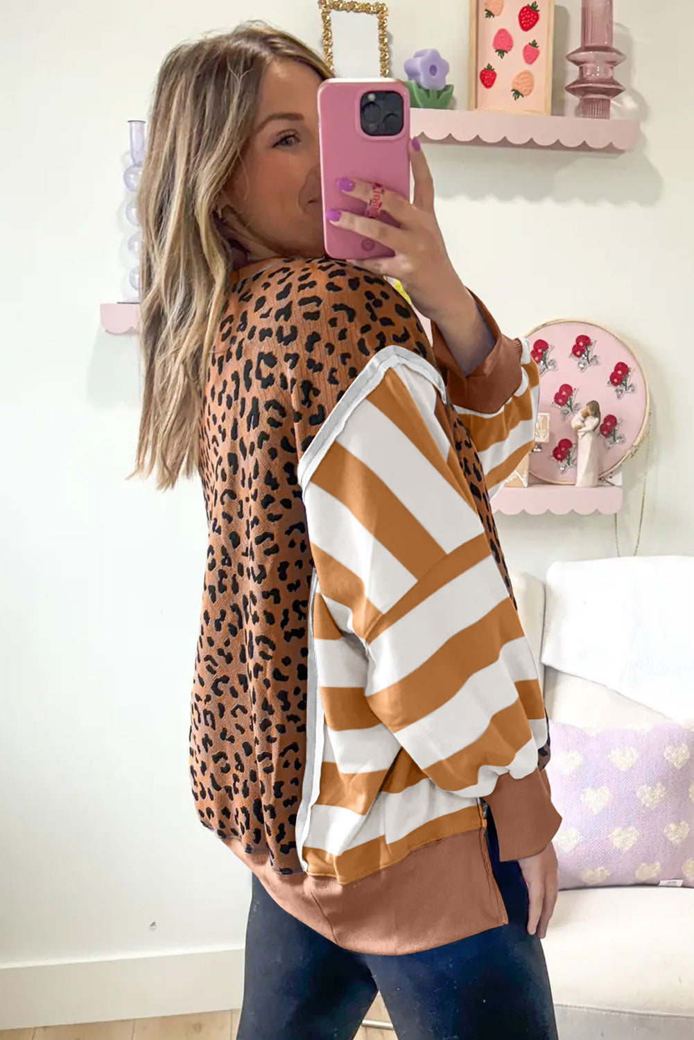 Purple Stripe Color Block Patchwork Leopard Casual Sweatshirt with Slits