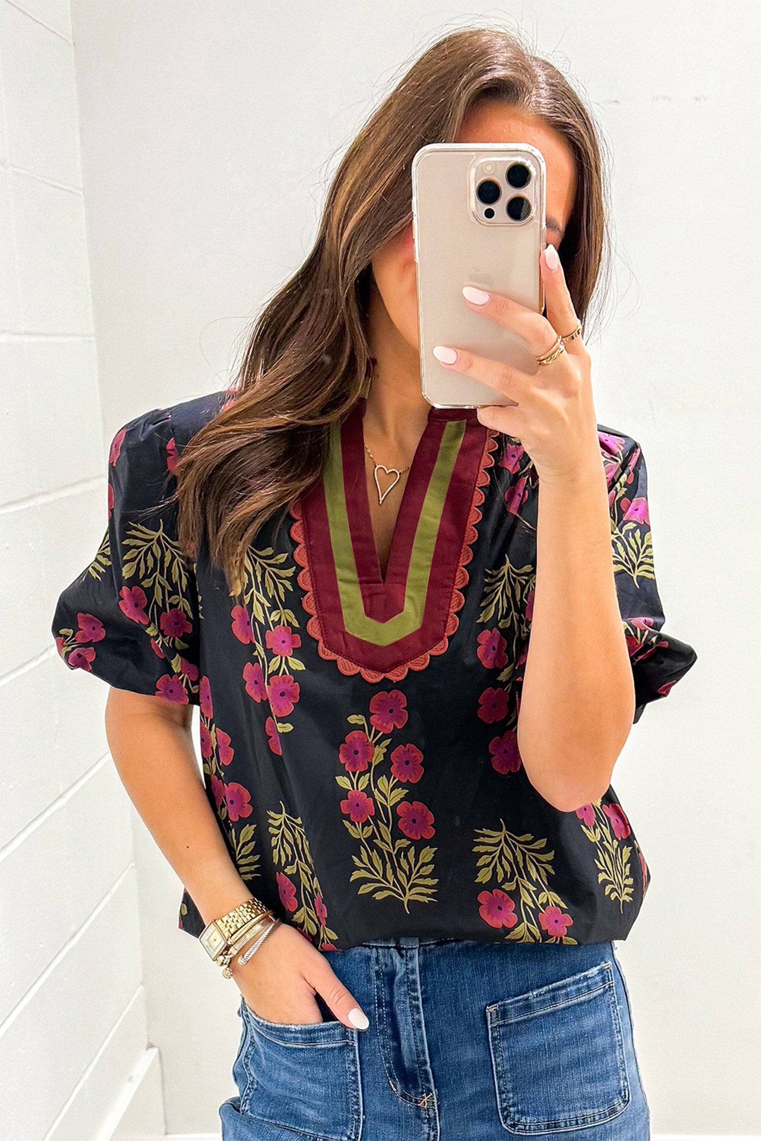 Floral Short Bubble Sleeve Contrast Slit Neckline Blouse