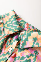 Dark Green Abstract Print Half Sleeve Button up Loose Shirt