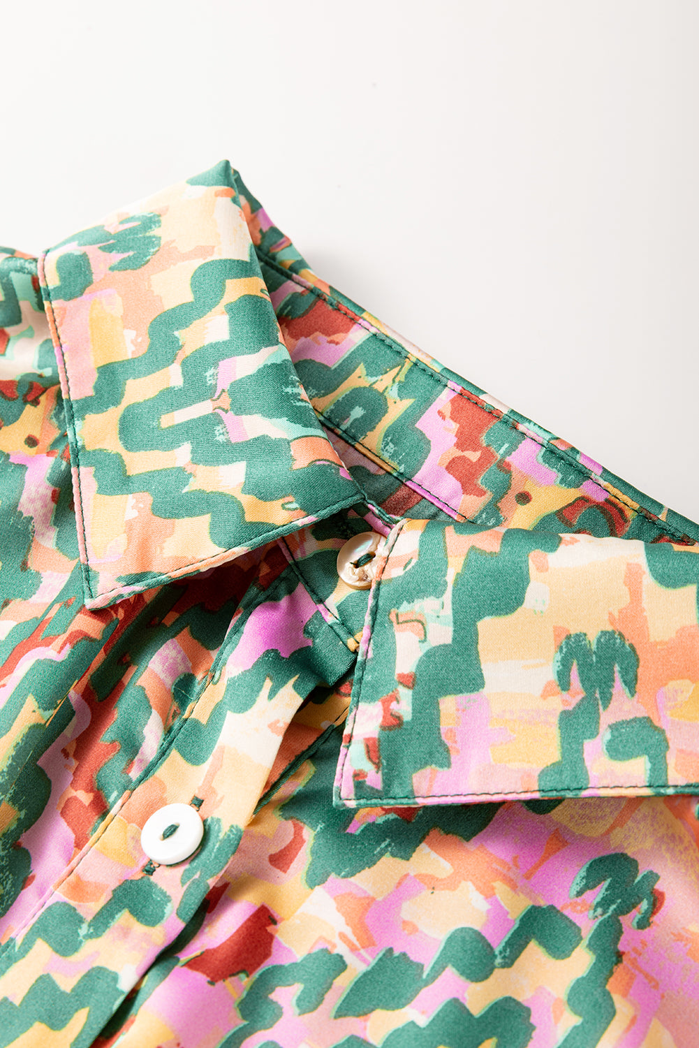 Dark Green Abstract Print Half Sleeve Button up Loose Shirt