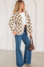 Brown Checkered Sherpa Buttoned Front Chunky Jacket
