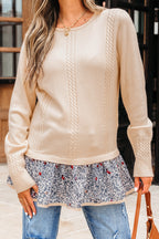 Beige Cable Texture Bohemian Ruffle Hem Patchwork Sweater