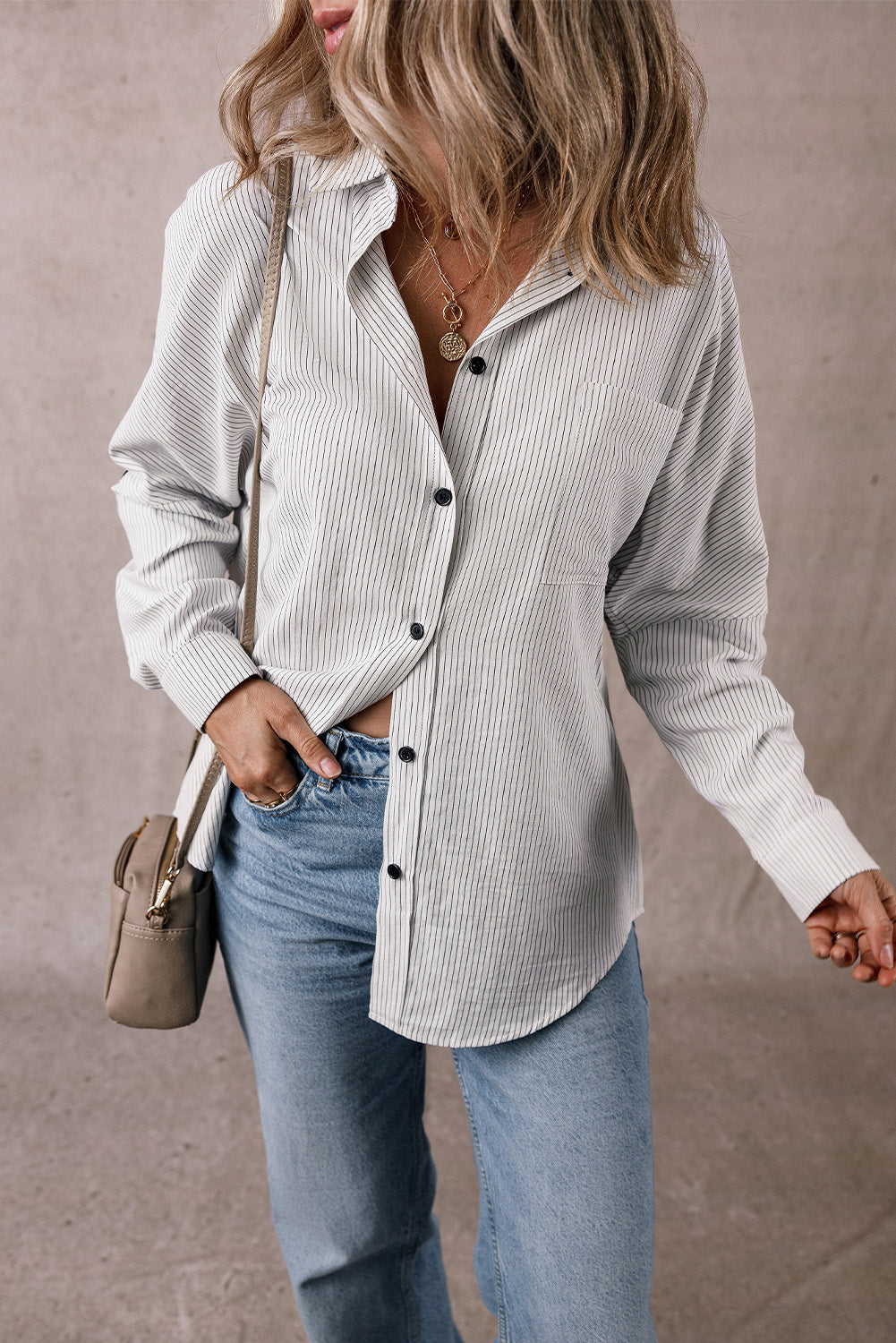 Striped Roll-tab Sleeve Pocketed Long Shirt