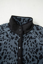 Blue Cow Print Buttoned Stand Collar Fleece Jacket