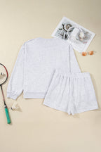 Light Grey Girly Bow Embroidered Puff Sleeve Pullover Loose Shorts Plus Size 2pcs Outfit