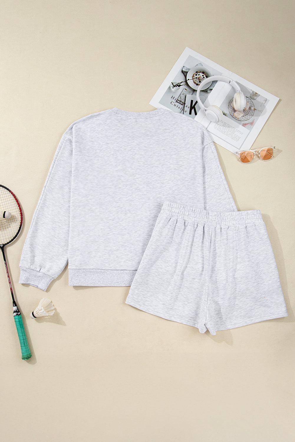 Light Grey Girly Bow Embroidered Puff Sleeve Pullover Loose Shorts Plus Size 2pcs Outfit