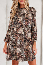 Brown Leopard Ruffled Detail Long Sleeve Loose Mini Dress
