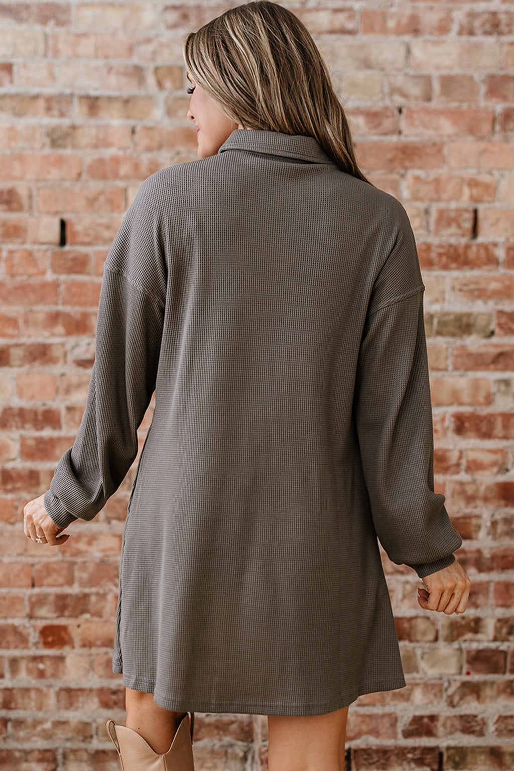 Simply Taupe Waffle Knit Shirt Tunic Dress