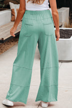 Mineral Wash Exposed Seam Drawstring Elastic Waistband Wide Leg Cargo Pants