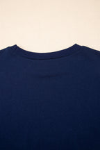 Navy Blue Varsity Stripe Detail Drop Shoulder Pullover Mini Skirt Set
