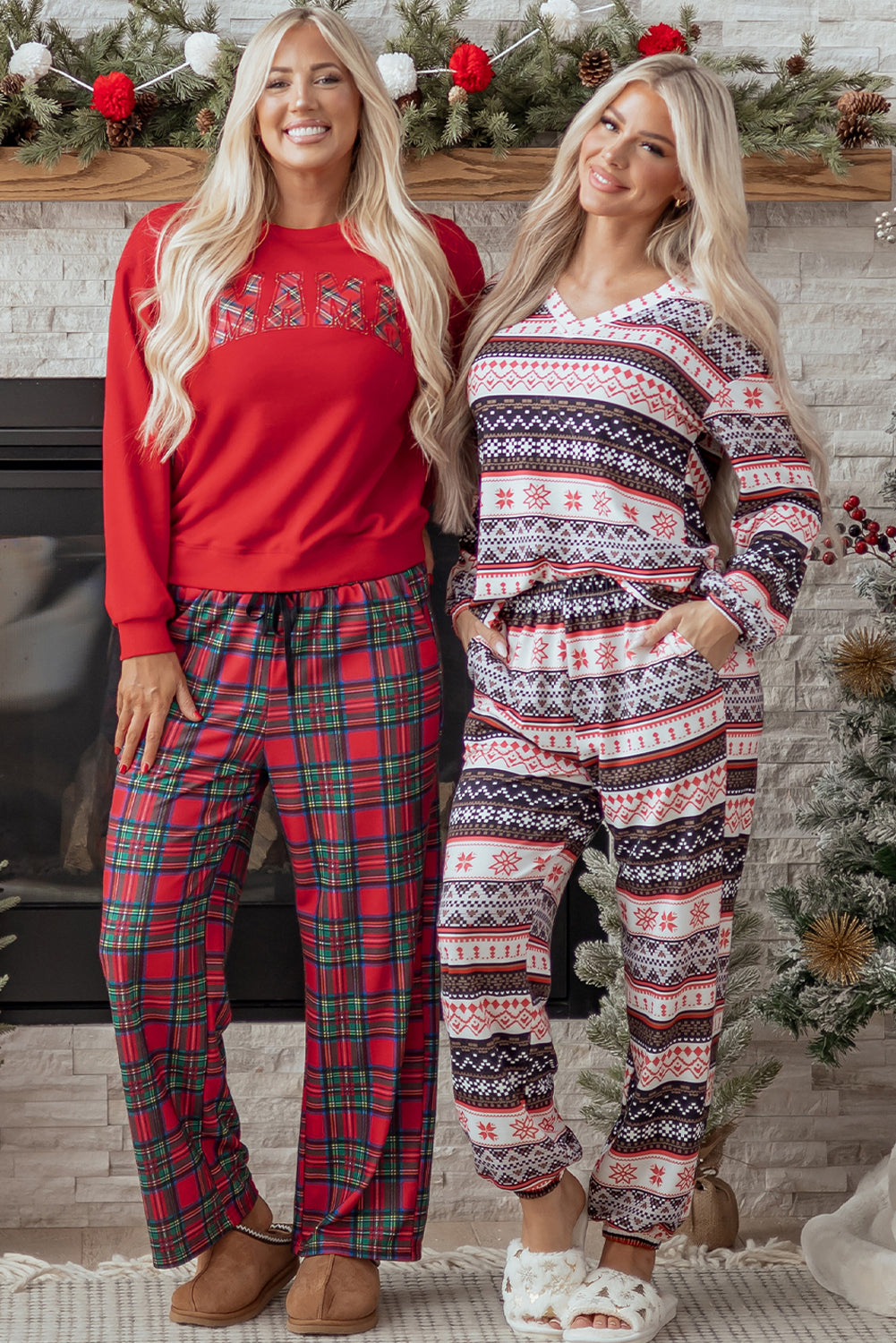 Red Plaid Mama Graphic Christmas Holiday Crewneck Pullover and Pants Two Piece Lounge Set