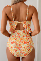 Orange Ruffled Trim Keyhole Accent Floral One Piece Swimsuit