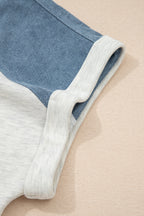 Beige Plus Size Contrast Denim Patchwork Cuffed Sleeve Polo Tee