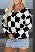 Black Checked Notched Neckline Drop Shoulder Knit Sweater