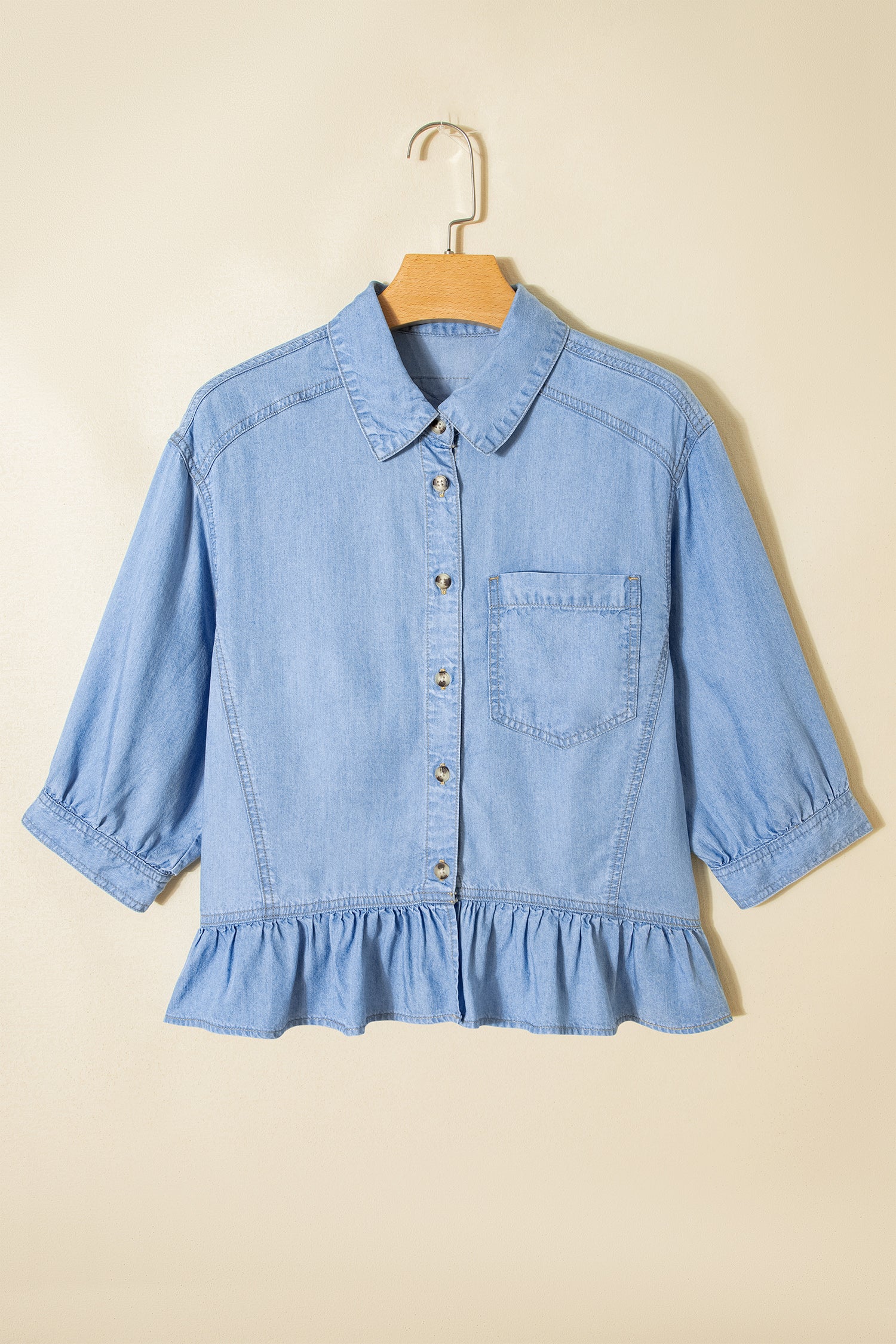 Beau Blue Half Sleeve Button Down Ruffled High Low Chambray Shirt