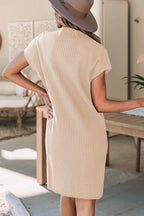 Patch Pocket Ribbed Knit Short Sleeve Sweater Dress