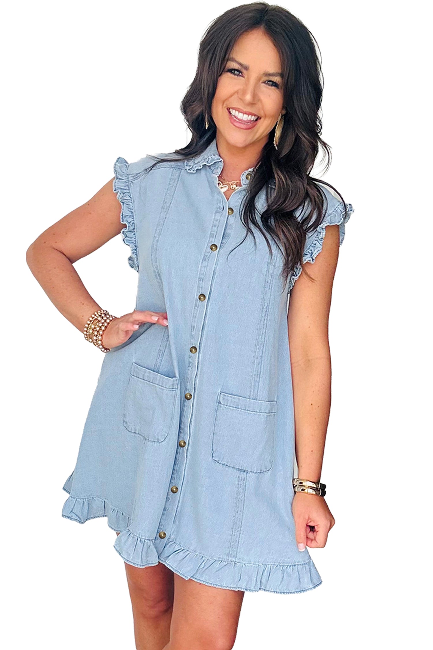Beau Blue Ruffled Edge Collared Shift Denim Dress with Pockets