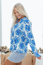 Sky Blue Ethnic Printed Tie Split Neck Button Front Puff Sleeve Shirt