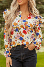 Apricot Ruffled Shoulder Long Sleeve Floral Blouse