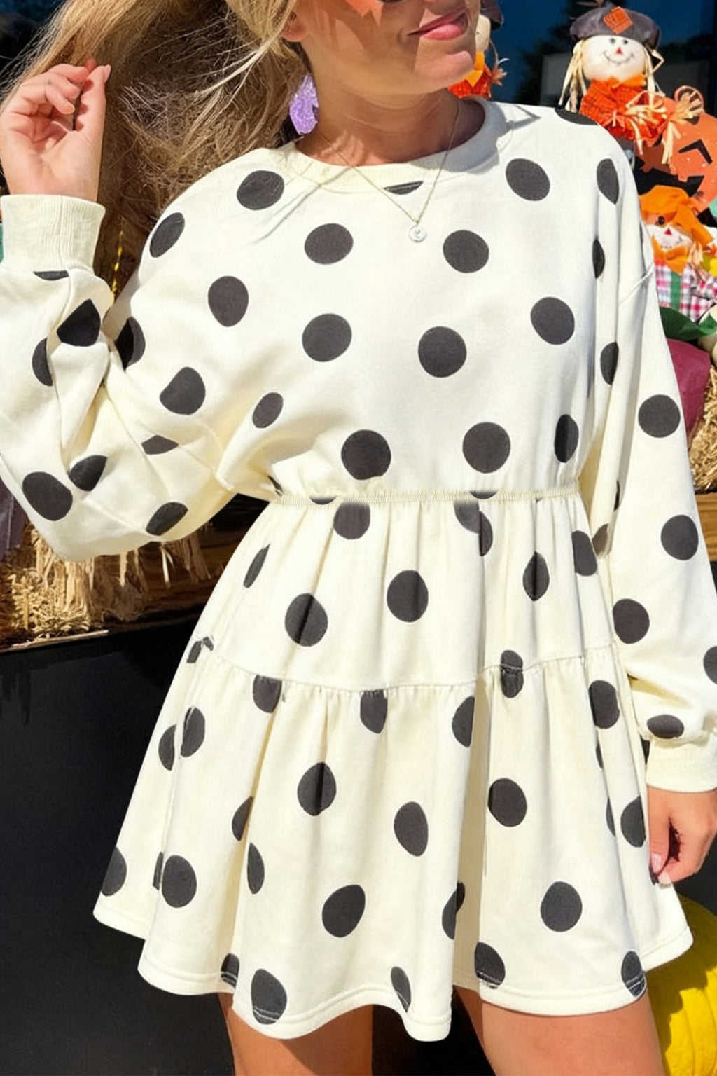 Polka Dot Printed Long Sleeve Flared Mini Dress