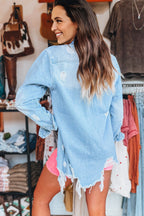 Sky Blue Light Wash Distressed Frayed Long Denim Jacket
