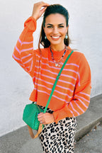 Orange Stripe Ribbed High Neck Drop Shoulder Boxy Fit Sweater