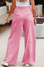 Mineral Wash Exposed Seam Drawstring Elastic Waistband Wide Leg Cargo Pants