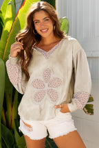 Floral Patched Waffle Textured Colorblock V Neck Casual Hooded Top