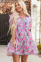 Pink Floral Collared Half Placket Short Sleeve Loose Dress