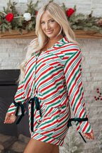 Green Stripe Contrast Velvet Ribbon Knot Christmas 2pcs Pajama Set