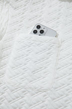 White Textured Pocketed Collared V Neck Pullover Sweatshirt