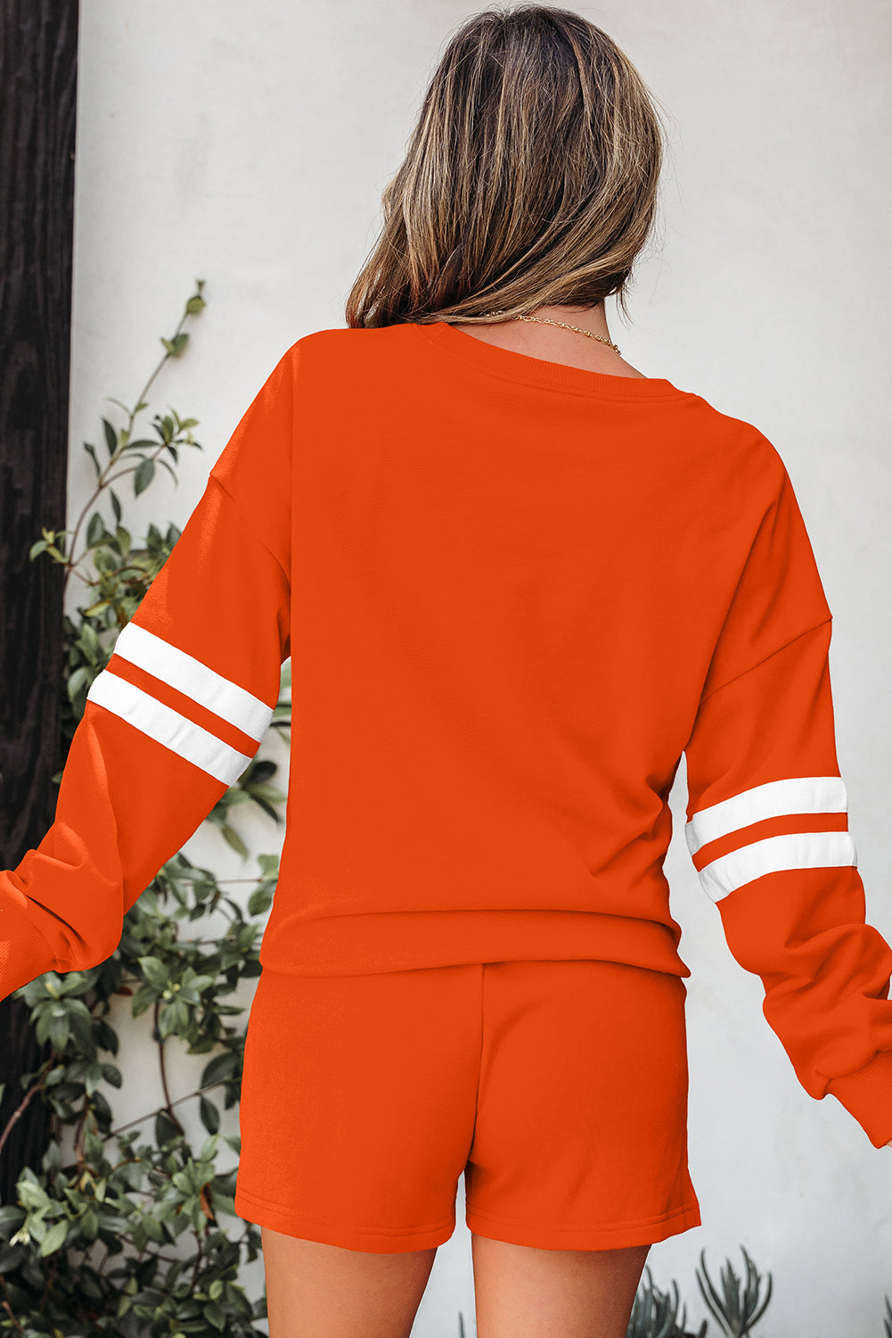 Varsity Striped Sleeve Drop Shoulder Sweatshirt and Short Set