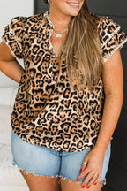 Khaki Plus Size Leopard Print Stitch Detail Ruffled Short Sleeve Blouse