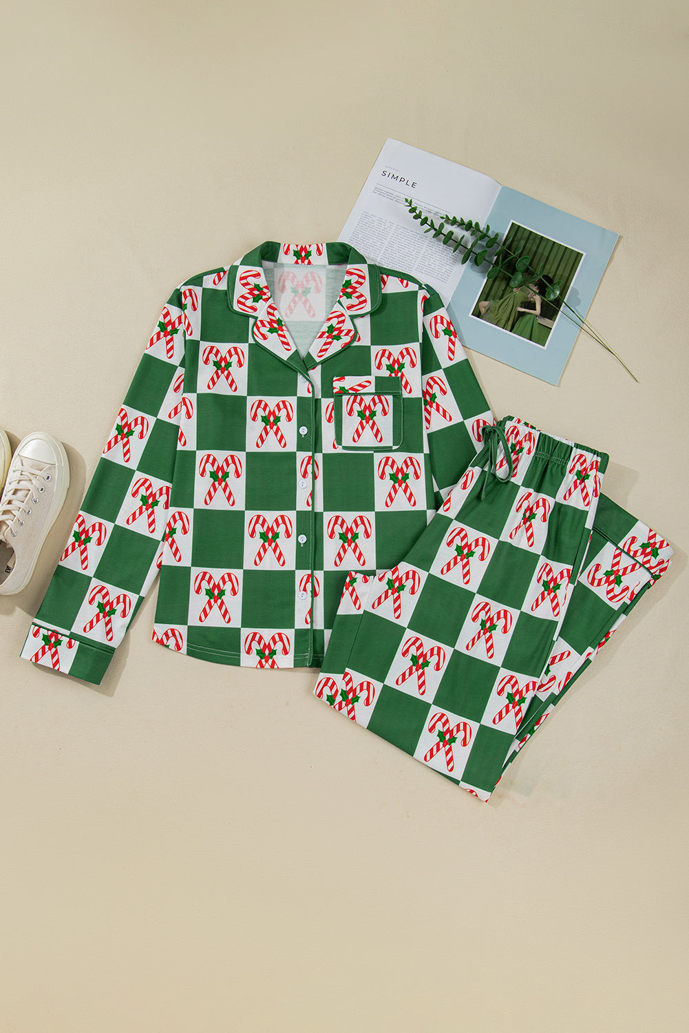 Green Holly Jolly Checkered Pattern 2pcs Long Pyjama Set