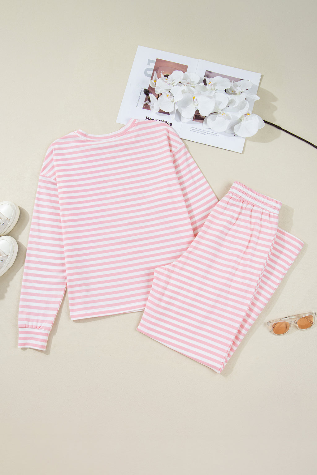 Pink Stripe Drop Shoulder Round Neck Top and Buttoned Straight Pants Two Piece Set