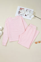Pink Stripe Drop Shoulder Round Neck Top and Buttoned Straight Pants Two Piece Set