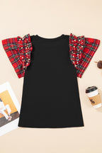 Plaid Pearl Ruffle Short Sleeve Loose T Shirt