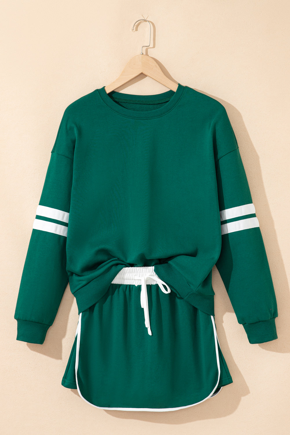 Navy Blue Varsity Stripe Detail Drop Shoulder Pullover Mini Skirt Set