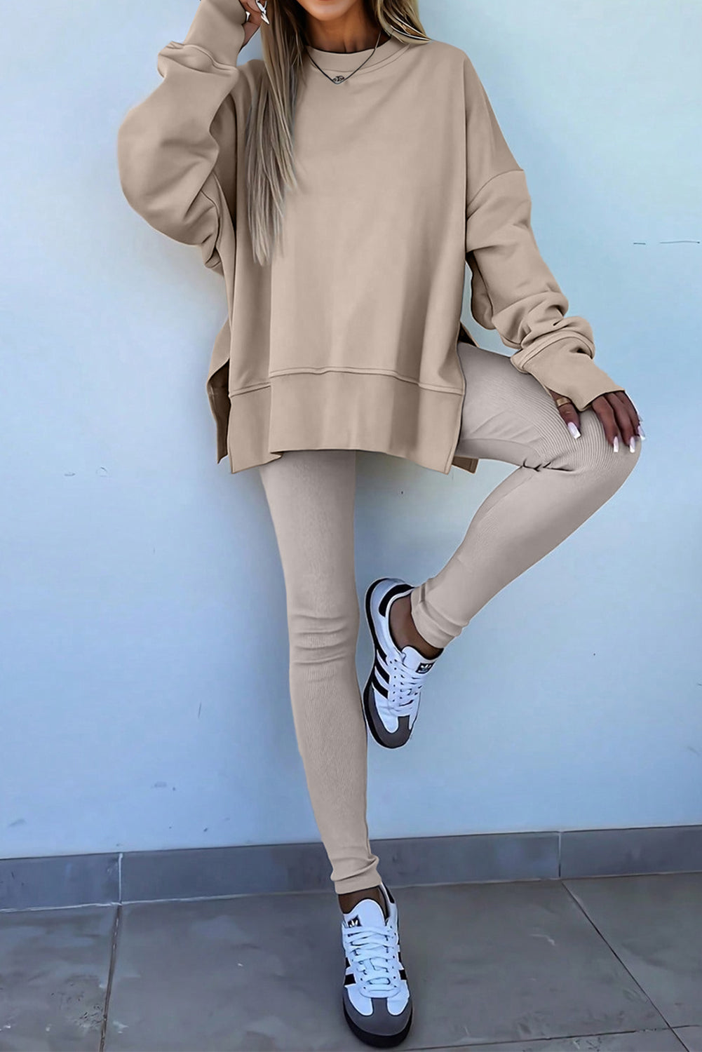 Solid Color Oversize Slit Sweatshirt Ribbed Leggings 2pcs Set