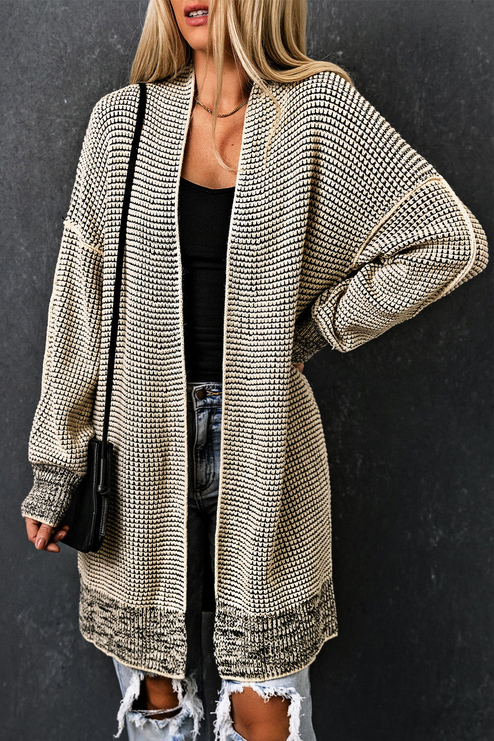 Grey Plaid Knitted Long Open Front Cardigan