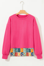 Strawberry Pink Floral Hemline Patchwork Round Neck Casual Top