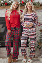 Red Plaid Mama Graphic Christmas Holiday Crewneck Pullover and Pants Two Piece Lounge Set