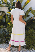 White Colorblock Rickrack Trim Short Sleeve Drawstring Waist Long Dress