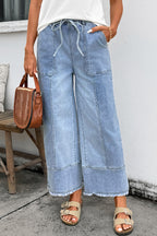 Beau Blue Drawstring Seam Detail Raw Hem Wide Leg Denim Pants