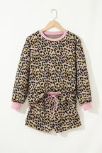Pink Leopard Print Contrast Edge Long Sleeve Pullover Shorts Set