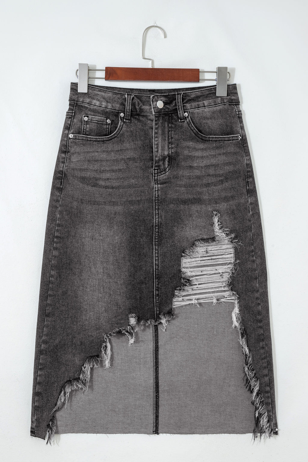 Irregular Distressed Bottom Denim Midi Skirt