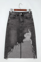 Irregular Distressed Bottom Denim Midi Skirt
